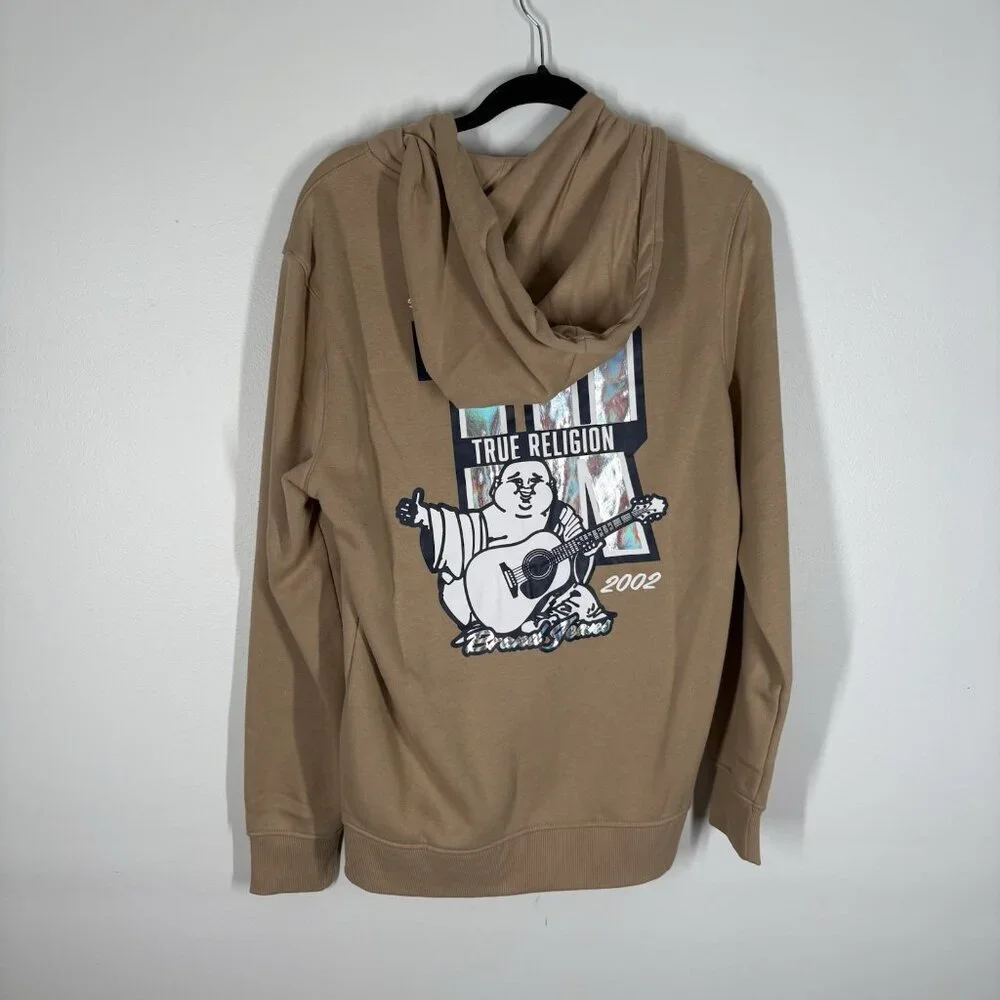 True Religion Men M Travertine Tan Fleece Y2K 90s Iridescent Logo Zip Hoodie NWT